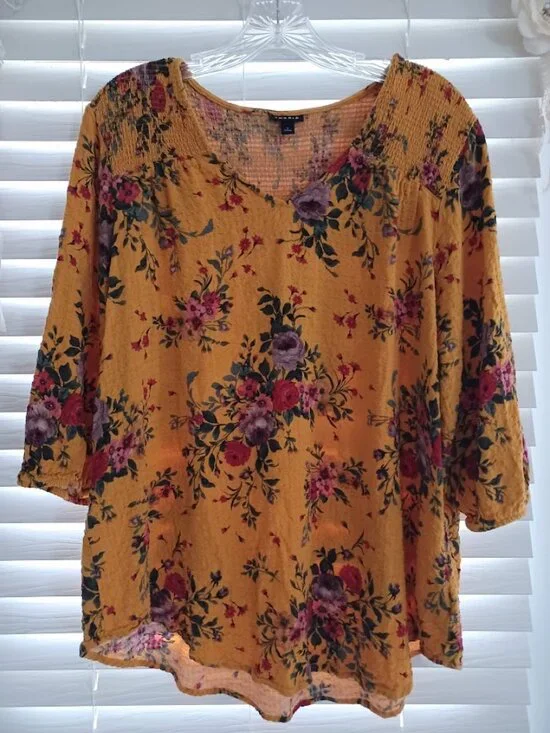 Torrid Womens Size 2 Floral Blouse Mustard Yellow Boho Smocked Top Plus Size - Picture 4 of 6